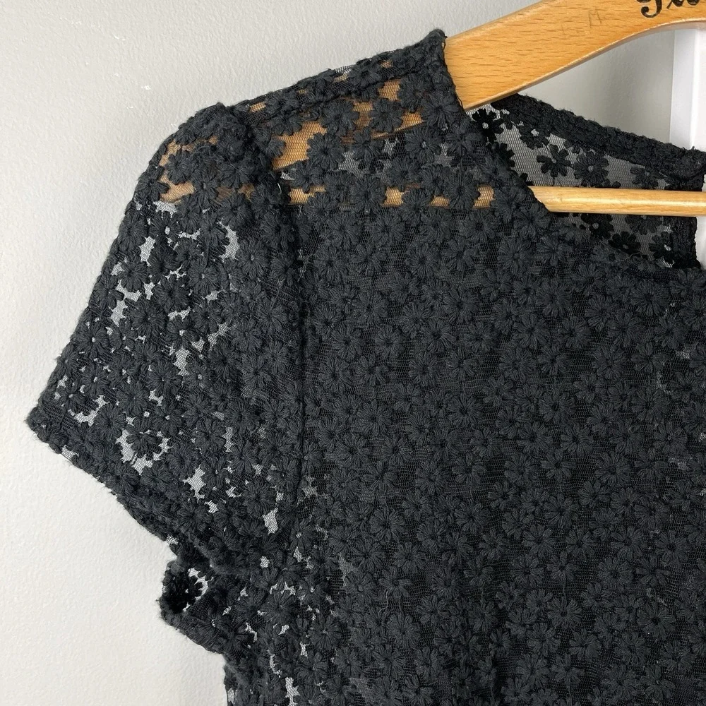 Ann Taylor LOFT Sheer Black‎ Top Shirt Womens S Nylon Mesh Floral Embroidered - Picture 3 of 6